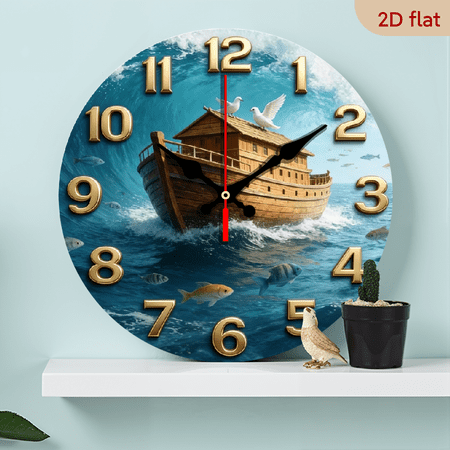 2D flat, a 10-inch wooden round wall clock, Noah's Ark design. Suitable for bedroom, living room, office decoration. Can be used as a Father's Day and other holiday gifts.