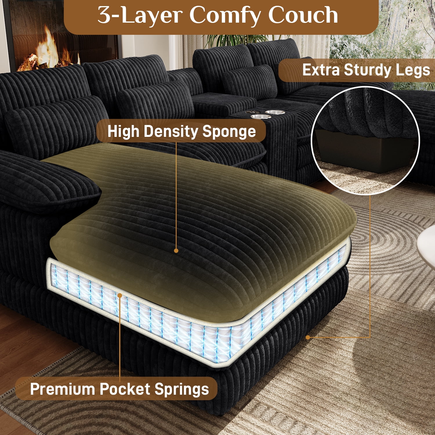 Wiilayok 133" U Shaped Cloud Couch Modular Sectional Couches for Living Room Comfy Corduroy Deep Seat Sofa Set with Double Chaise Lounge, Storage Central Console, Cup Holders, USB Port, Black