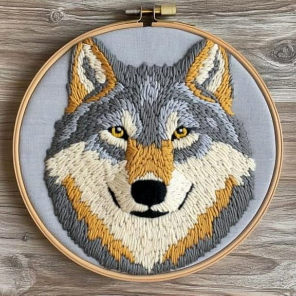 DIY Punch Needle Kits for Beginners Cartoon Pure Color Grey Wolf Head with Hoop Punch Needle Starter Craft Embroidery Set Easy for Adults and Children Festival Gift and Decoration 20x20cm-4