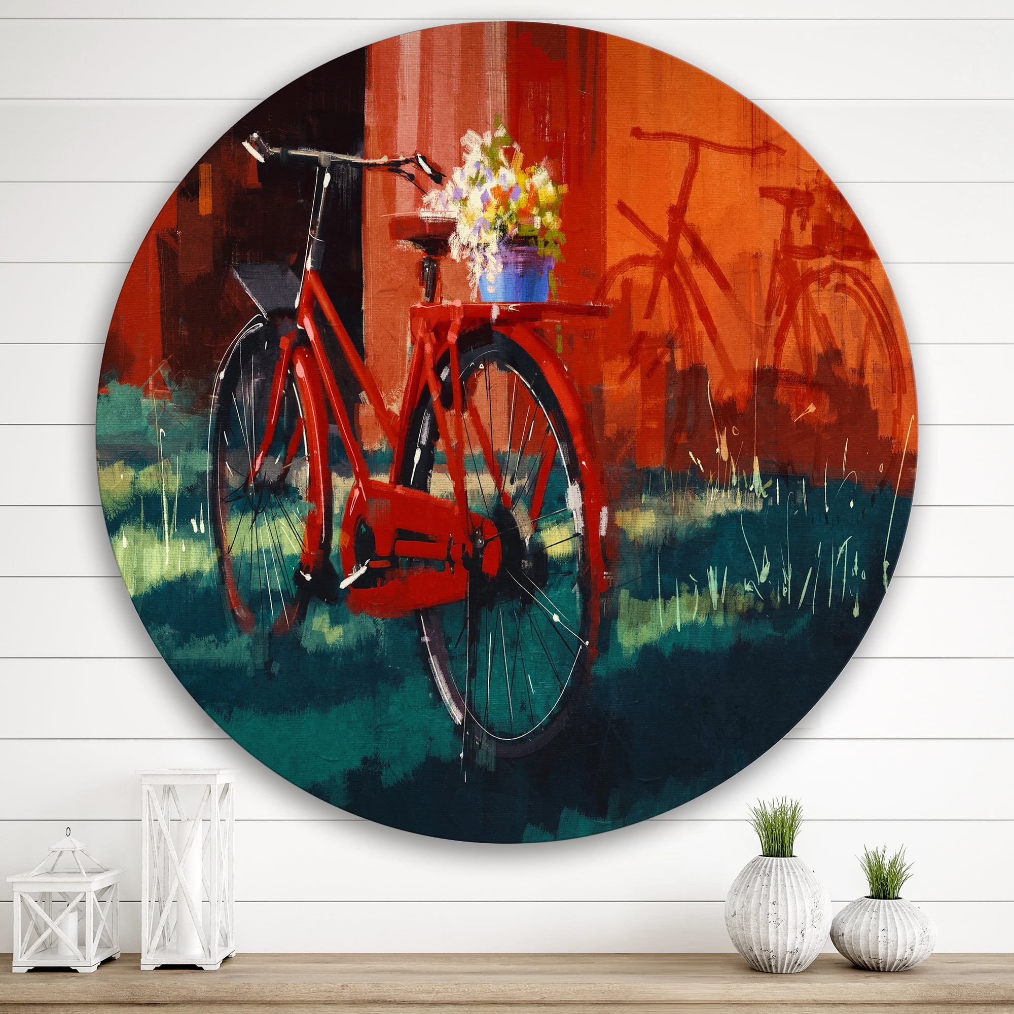 Designart 'Red VIntage Bicycle With Flowers Bucket' Vintage Circle Metal Wall Art 36x36 - Disc of 36