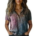 thumbnail image 2 of Tittly Button Down Shirts Shirts for Women Women Cotton Shirt Printed Fashion Down Shirts Casual Tops Short Sleeve Blouse Short Sleeve Shirts Womens Shirts Blue L, 2 of 4