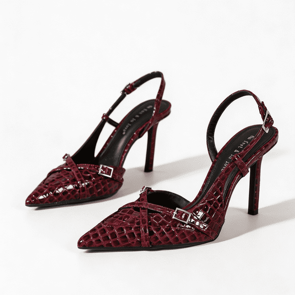 On feet& in love Women's Slingback Pumps, Croc-Embossed Patent Leather Pointed Toe Heels for Party Office