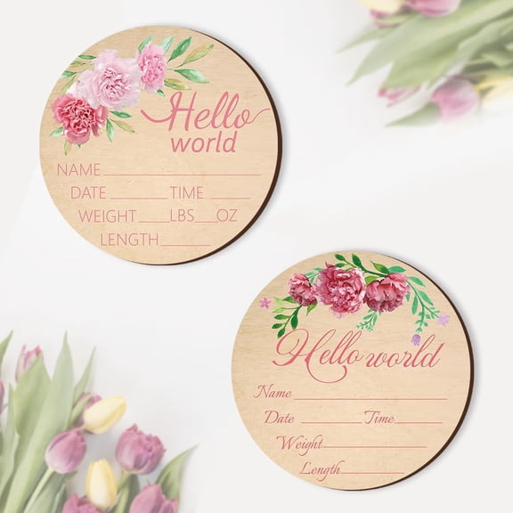 2PCS Baby Announcement Sign 6" Rose Design Personalized Newborn Name Announcement Sign Gift for New Mom Baby Shower Birth Announcement Sign for Hospital (Single Sided Wood Color) Multi-color
