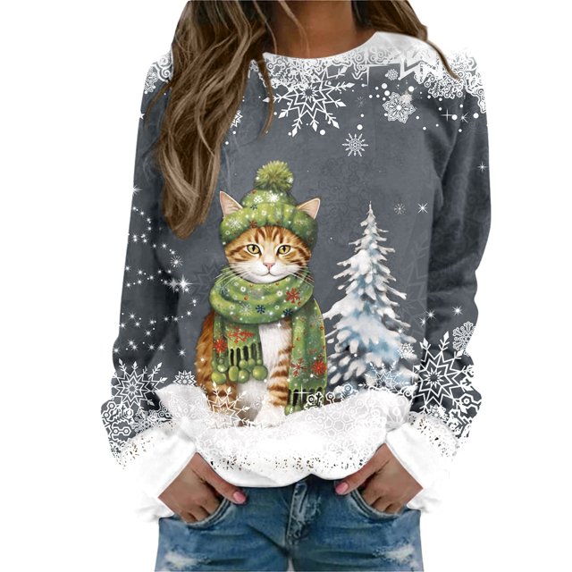 EHQJNJ Chandails en Molleton à Col Rond pour Femmes, Graphique Violet, Imprimé Joyeux Noël, Col Rond, Pull Décontracté à Manches Longues, Blouse Ample