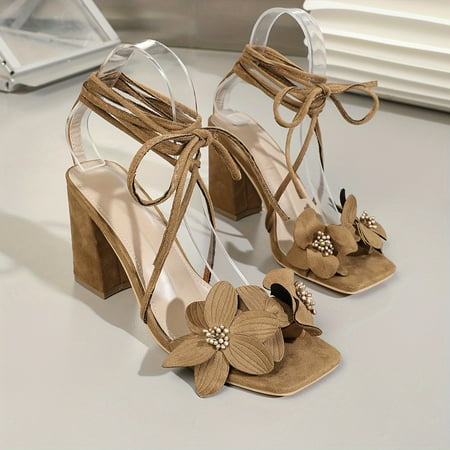 

NAYUKA Flower Decor Strappy Sandals Fashion Open Square Toe Chunky High Heels Summer Party Lace Up Sandals