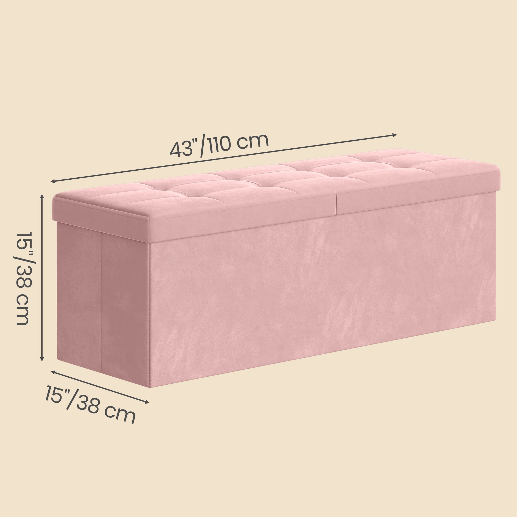 LEDREM 43" Foldable Storage Ottoman Bench with Flipping Lid, MDF Seat with Divider, 660 lb Capacity for Entryway, Living Room, Bedroom, Velvet Footstool, Jelly Pink