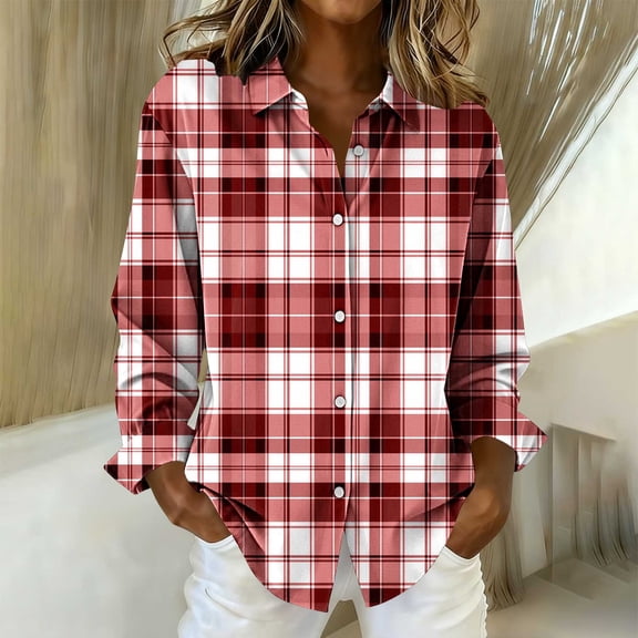 YHAJDS Womens Tops Plaid Print Breasted Long Sleeve Spring Summer Casual Shirt