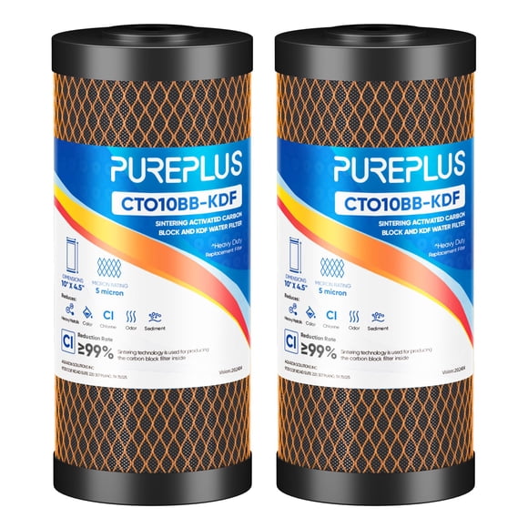 PUREPLUS Filtre à Eau 5 Microns 10 Pouces x 4.5 Pouces pour Toute la Maison en Coquille de Noix de Coco avec Charbon Activé et KDF, Filtre à Eau de Remplacement pour Élimination de Métal Lourd, Compatibl