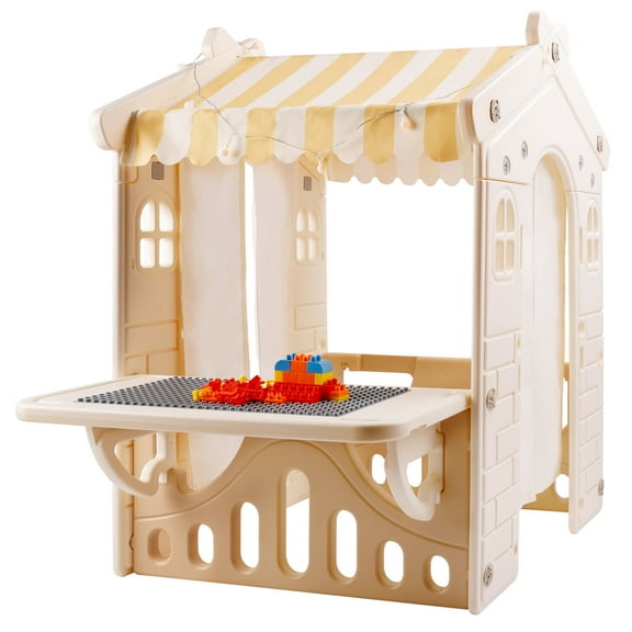 Kids Playhouse with Kids Building Blocks Toys Set, Indoor Playhouse for Toddlers Aged 1-3, with Windows, Door Curtains and Foldable Stand and Play Platform