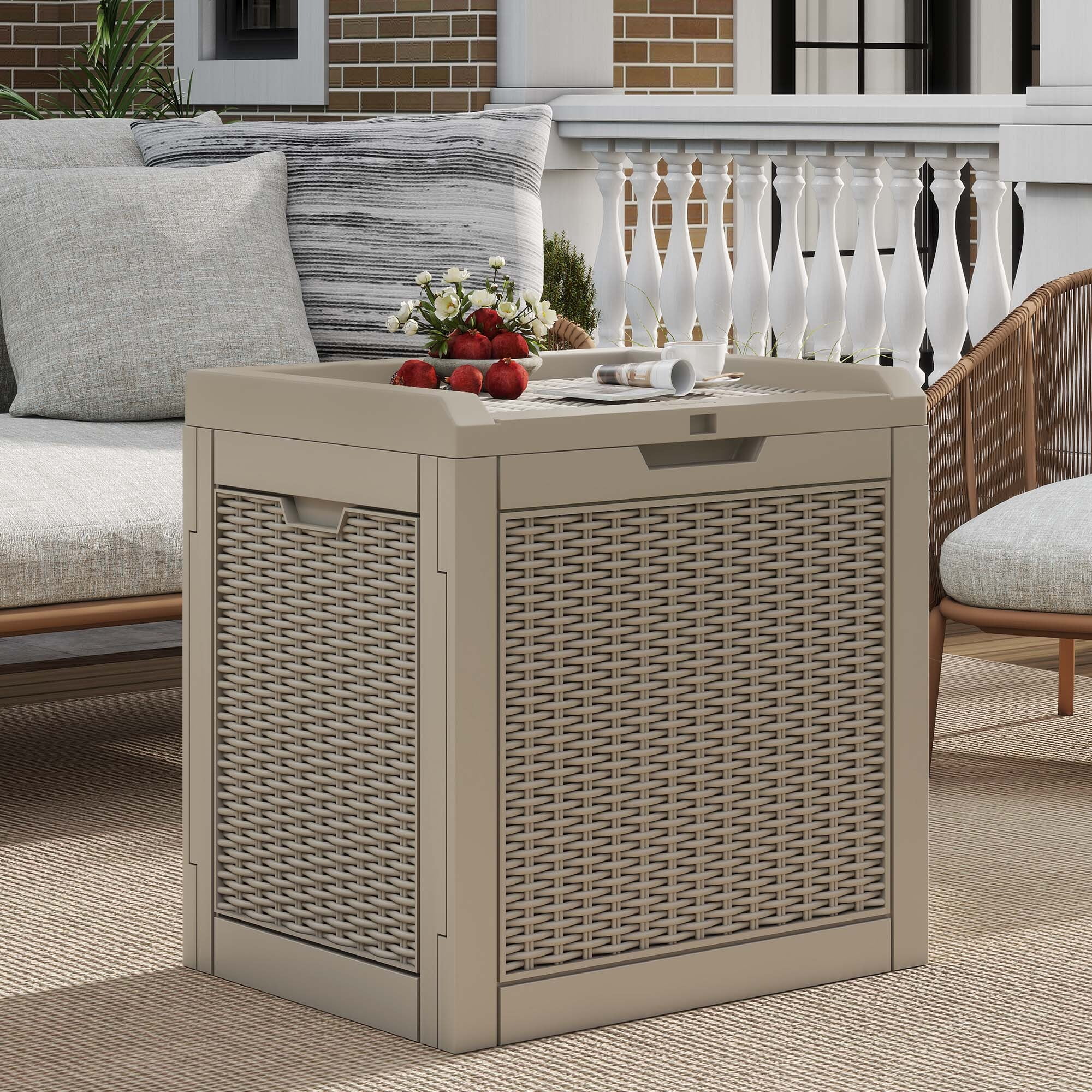 Uforic 35 Gallon Resin Outdoor Deck Box, Lockable Waterproof UV Resistant Storage Container for Patio Cushions Garden Tools, Light Brown