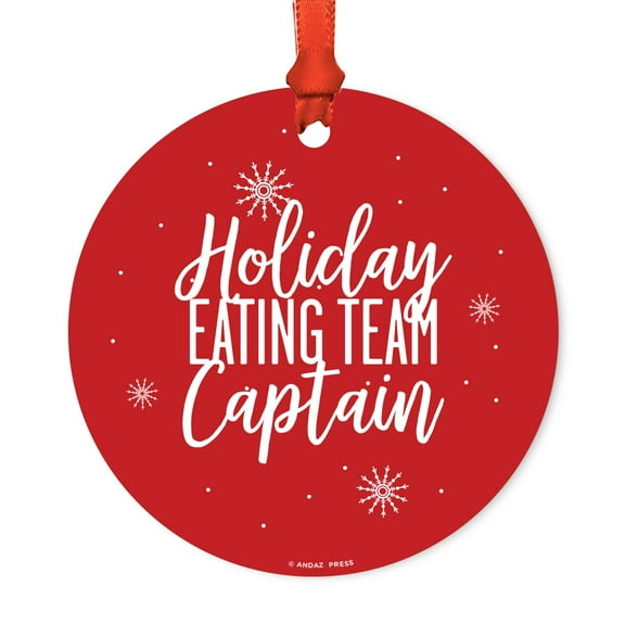 Funny Round Metal Christmas Ornament, Holiday Eating Team Captain, Includes Ribbon and Gift Bag