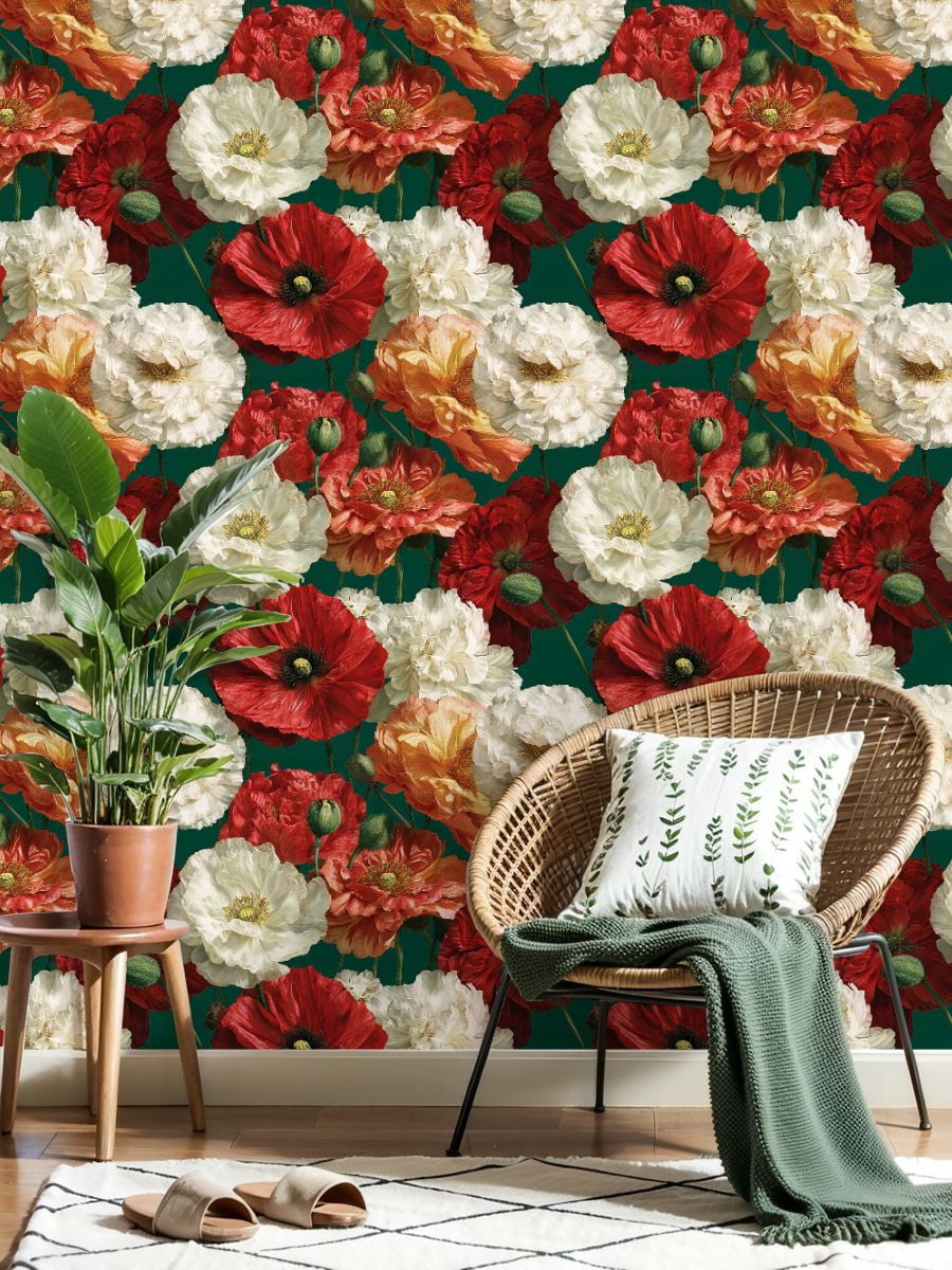 Vintage Peel and Stick Wallpaper Striking Poppy Flowers Full Bloom Precise Petal Wall Mural 23.6in x 9.8ft Self Adhesive Removable Wall Paper Floral Contact Paper for Nursery Bedroom Cabinets