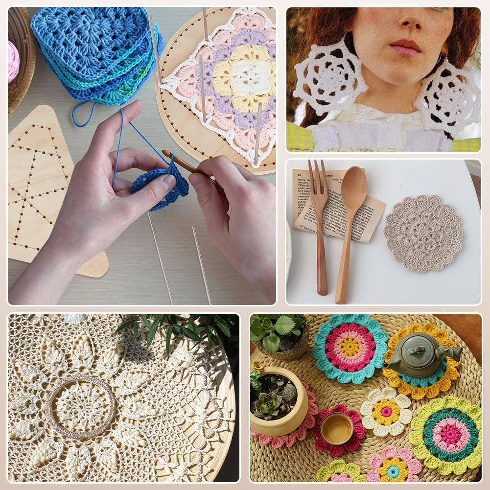2 Styles Wooden Lace Loom Lace Weaving Kit with 10pcs 304 Stainless Steel Rods Round Crochet Board Triangle Knitting Base for Craft Making Beginners Woven Knitted Supplies