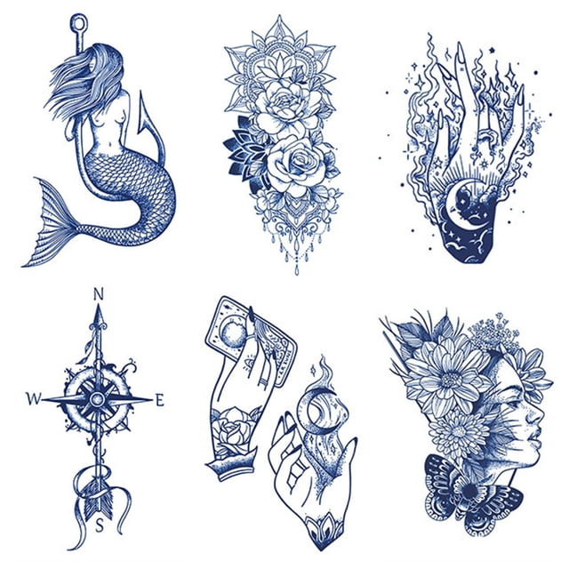 Tatuajes Pegatinas 6PCS Sirena Tatuaje Semipermanente Cráneo Búho para Adultos