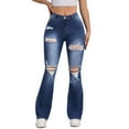 thumbnail image 2 of QIUOMBBP Ripped Jean Leggings for Women Bell Bottom Bootcut Denim Pants Mid Rise Stretchy Cut Out Flare Jeans, Blue, M, 2 of 7