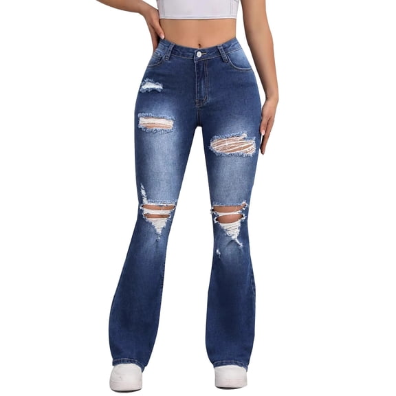 Kilaqueen Womens Slim Bootcut Denim Pants Flat Front Wide Leg Distressed Pocketed Lounge Pants Casual Fashion disco Ripped Jeans Trousers
