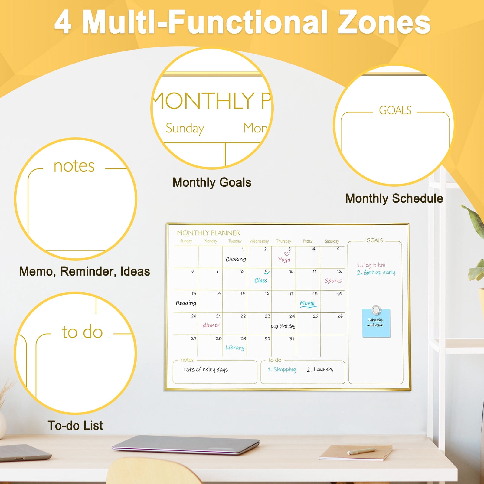 Monthly Calendar Whiteboard, 36"x24" Magnetic Dry Erase Calendar with Gold Frame, Wall Hanging Planner for Home, Office