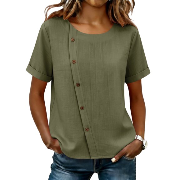 GUACER Blouses for Women Short Sleeve Cotton Linen Casual Round Neck Button Down Tops Relaxed Fit Shirts