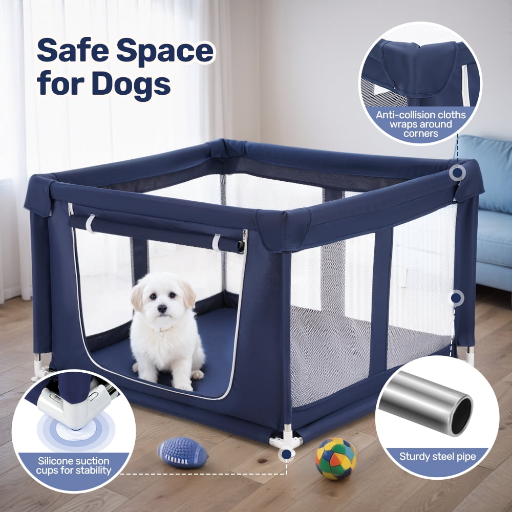 Puppy Playpen Indoor, DOMIPET 42.5x42.5x26.8 Inches Dog Play Pen with Gate, Portable Pet Exercise Pen, Anti-Tipping Enclosure with Zipper Door
