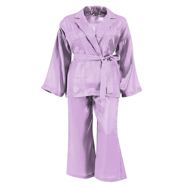 Pyjama Décontracté pour Femmes, Ensemble de Détente Deux Pièces, Manches Longues, Ceinture, Vêtements de Maison