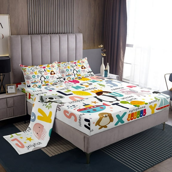 Kawaii Alphabet Twin Size Sheet Sets 3pcs, Cartoon Mermaid Letters Bed Sheets Set For Bedroom, English Words Bed Set, Cute Abc Animals Fruits Room Decor Bedding Set