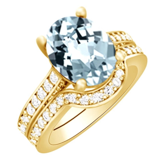 AFFY (3.14 cttw) Simulated Blue Aquamarine & White Natural Diamond Engagement & Wedding Ring Set In 14k Yellow Gold With Ring Size 4