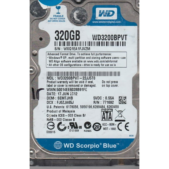 WD3200BPVT-22JJ5T0, DCM SEMTJHB, Western Digital 320GB SATA 2.5 Hard Drive