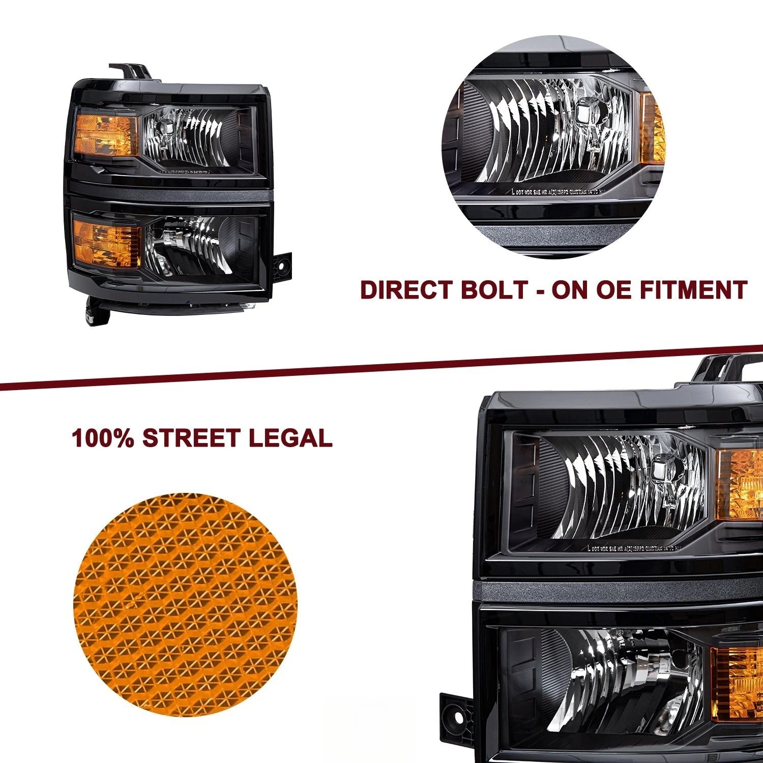 For 2014-2015 Chevy Silverado 1500 Black Amber Headlights Headlamps L+R Pairs