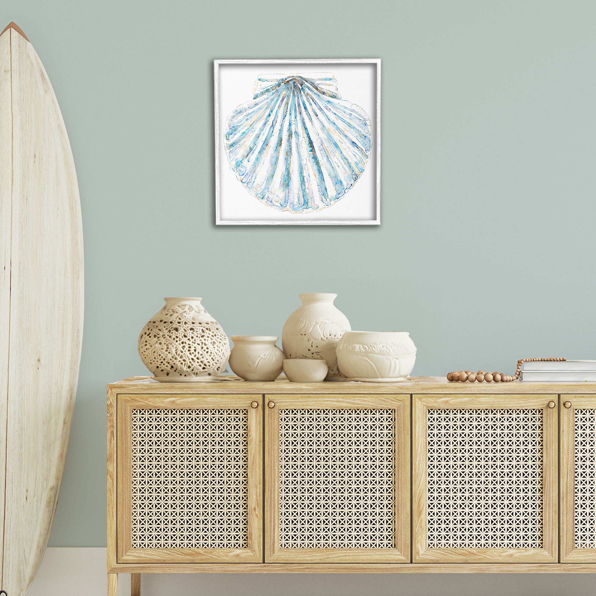 Stupell Industries Clam Shell on White Coastal Painting White Framed Art Print Wall Art, 24 x 24