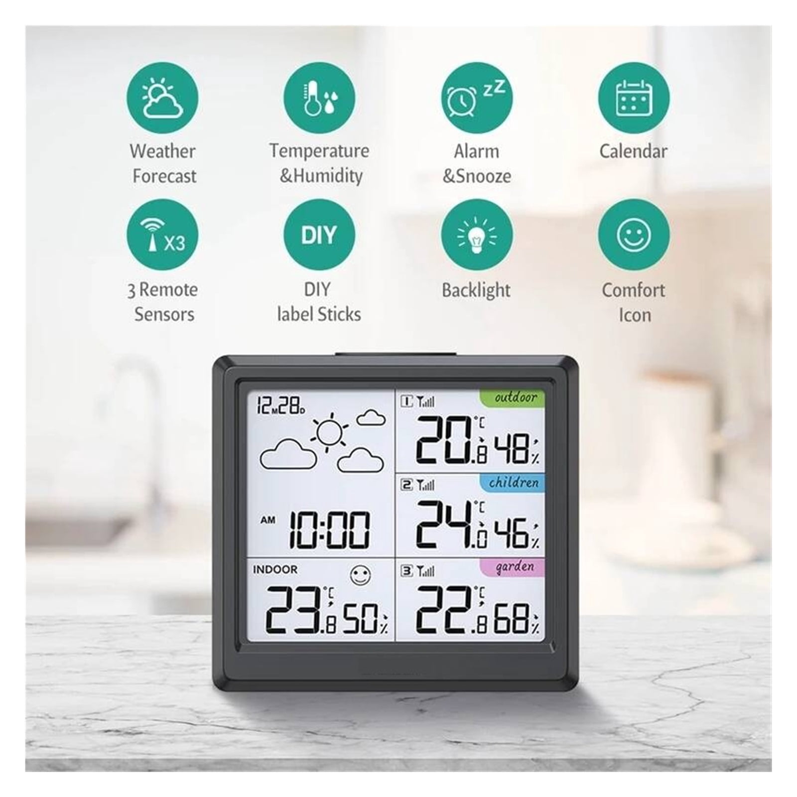 Wireless Weather Station with 3 Remote Sensors, Multi-Zone Digital Monitor