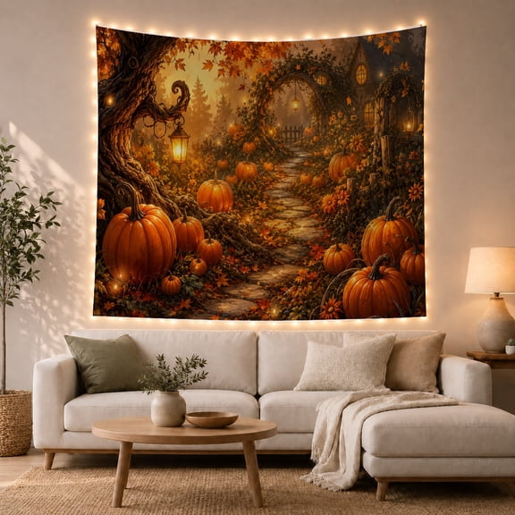 Pumpkin Garden Along a Lantern-Lit Cottage Path, Cozy Rustic for Autumn Decor Fans, Harvest Wall Art, Thanksgiving Hostess Gift, Tapestry Wall Hanging for Living Room and Dorm
