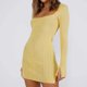 thumbnail image 4 of Temperament Women Knit Dress Lace-Up Long Sleeve Square Neck Slim Slit Dress, 4 of 6