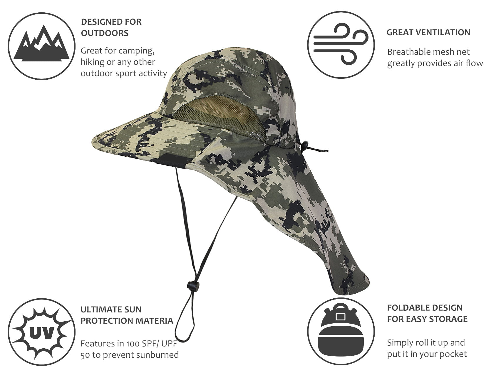 Tirrinia Camo Mens Sun Hat Wide Brim Safari Hunting Military Jungle Desert  Cap with Neck Flap, Digital Green