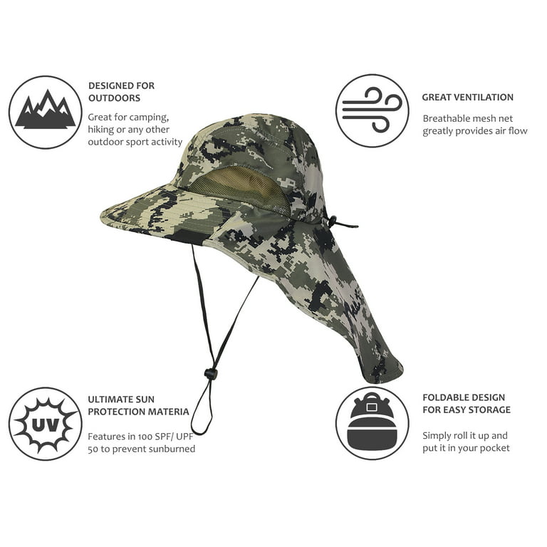 Tirrinia Camo Mens Sun Hat Wide Brim Safari Hunting Military Jungle Cap with Neck Flap, Digital Green