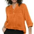 thumbnail image 3 of Delayuji Women's Pocket Solid Color V Neck Cotton Long Sleeved Loose Casual Shirt Orange Xl Nylon,Spandex Short Sleeve Shirts for Women, 3 of 5
