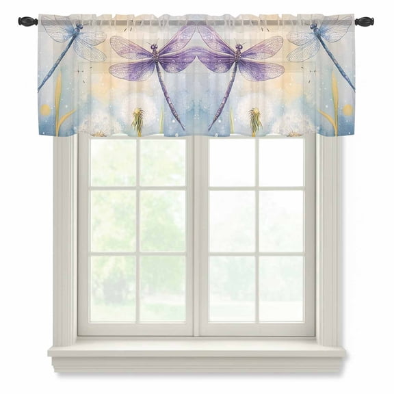 Blue Purple Dragonfly Valance Curtains for Kitchen/Living Room/Bathroom/Bedroom Window, Rod Pocket Small Topper Half Short Window Curtains Voile Sheer Scarf, Spring Floral Watercolor 42"x12"