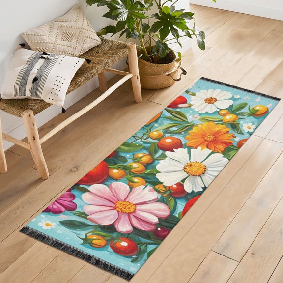 Yayeee Runner Rug for Bedroom 2'x6' Machine Washable Hallway Non Slip Mat, Pink Floral Tomatoes