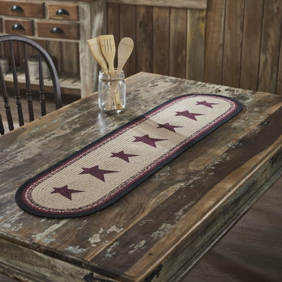VHC Brands Braided Cotton Table Runner 12x48, Cotton Dining Room, Kitchen Table Runner, Jute Style, Farmhouse, Stenciled, Connell Collection, Rectangle 12x48, Stars, Burgundy