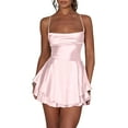 thumbnail image 3 of Women'S Elegant Satin A-Line Summer Sleevesless Rompers Bandage Back Spaghetti Strape Tiered Mini Dress Jumpsuits Pink L, 3 of 8