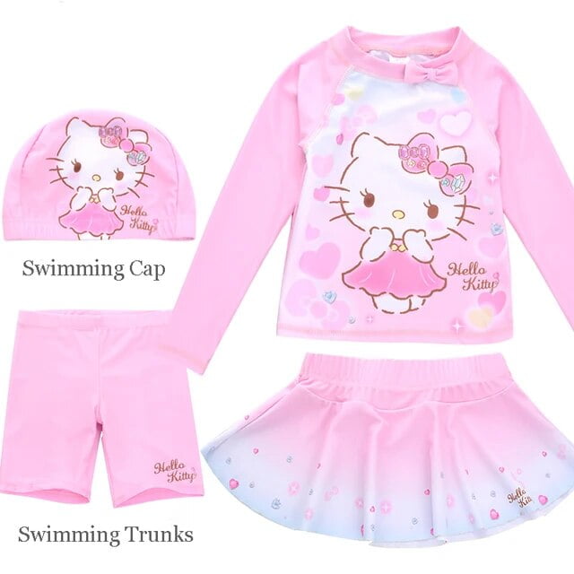 Sanrio Hello Kitty Girl Swimming Suit Cartoon Cute Children Swimwear Kid Bathing Dress Swimsuit Skirt Student Long Sleeve Bikini LXY