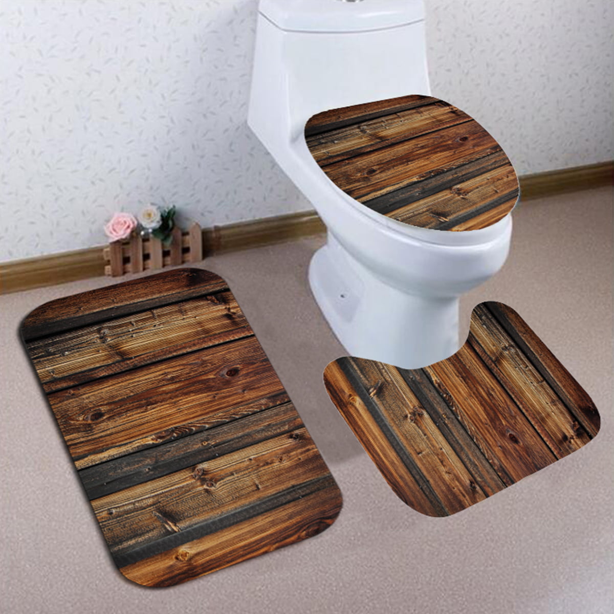 3Pcs Set Flannel Bathroom Non-Slip Pedestal Rug+Lid Toilet Cover+Bath Mat Decor 
