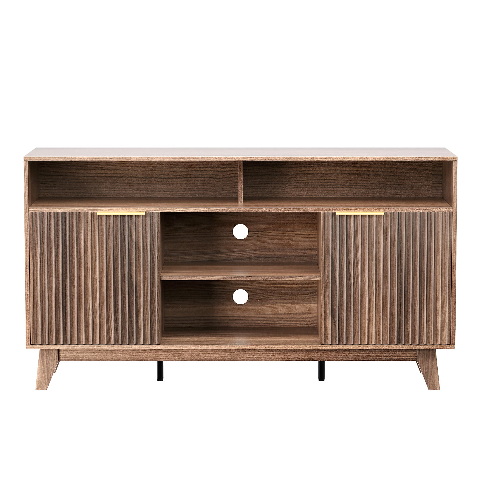 Ktaxon Modern Fluted TV Stand for 55/60/65" TVs, Wood Entertainment Center with 2 Doors and 4 Open Shelves Storage for Living Room, Home, Dark Walnut
