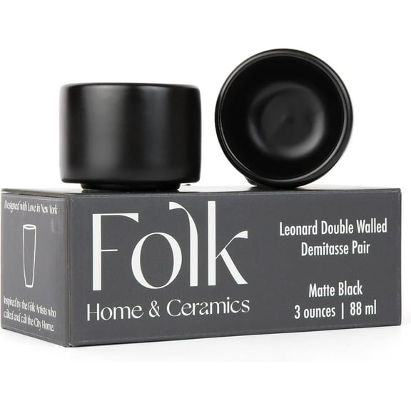 Leonard Ceramic Espresso Cups | Modern Stackable Demitasse Mugs for Espresso | Thick Walled, Handleless, Durable, Dishwasher & Microwave Safe | Set of 2, 3oz | Matte Black