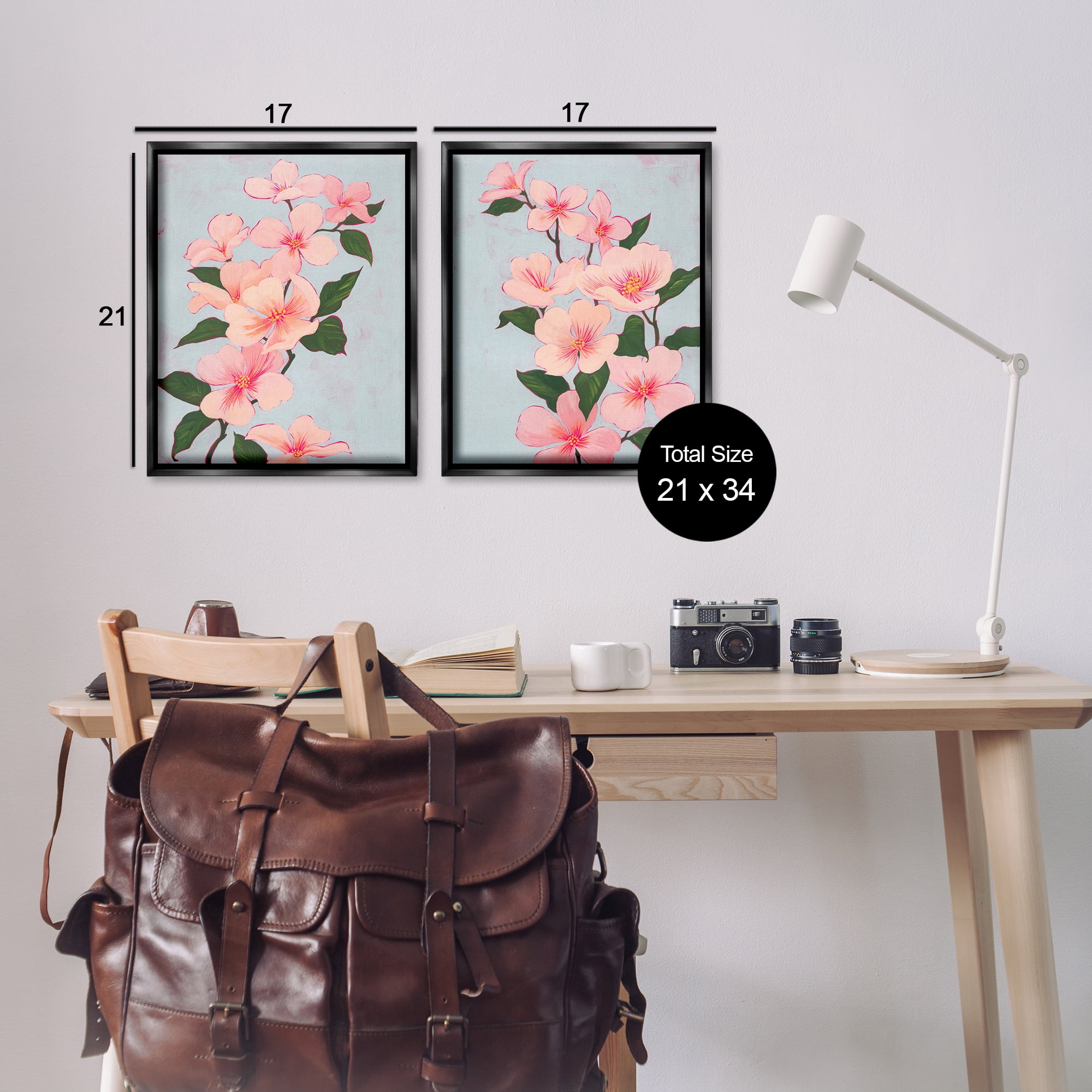 Stupell Industries Pink Cherry Blossom Branch Plants & Flowers Painting Black Floater Framed Canvas Art Print Wall Art, 17 x 21, Set of 2
