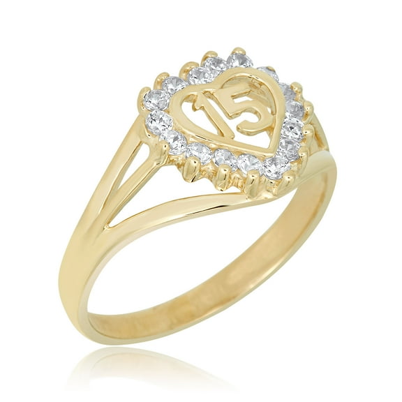 AVORA 10K Yellow Gold Simulated Diamond CZ Quinceanera "15" Anos Heart Fashion Ring  - Size 7.5