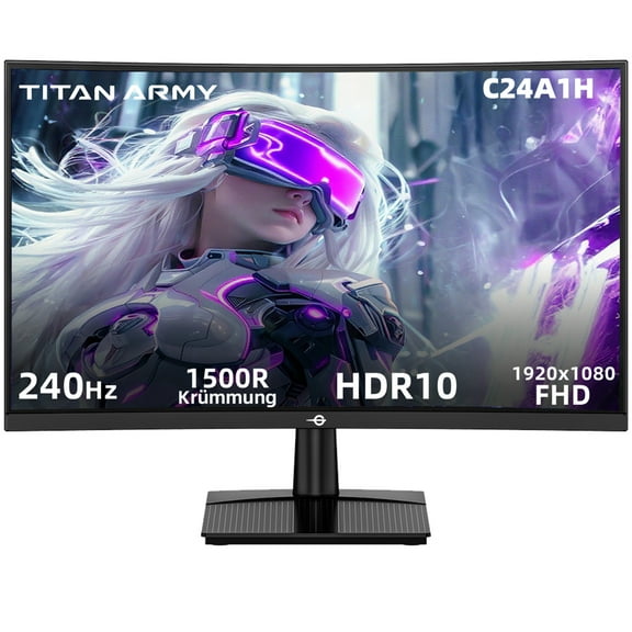 Titan army C24A1H 24 Inch Curved 240Hz Gaming Monitor, VA FHD 1080P 1500R, 117% sRGB HDR, 1ms MPRT, FreeSync, HDMI/DP, VESA Mount - Black