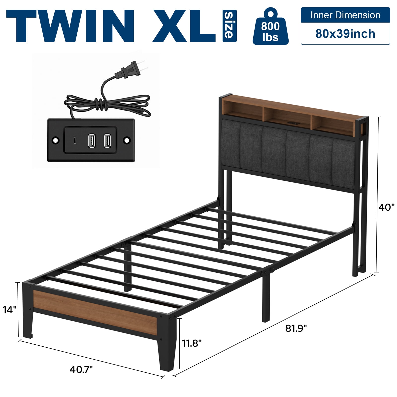 Lusimo Bed Frame Twin XL, Metal Platform Bed Frame with Fabric Upholstered Headboard and Charging Station No Box Spring Needed Easy Assembly, Gray