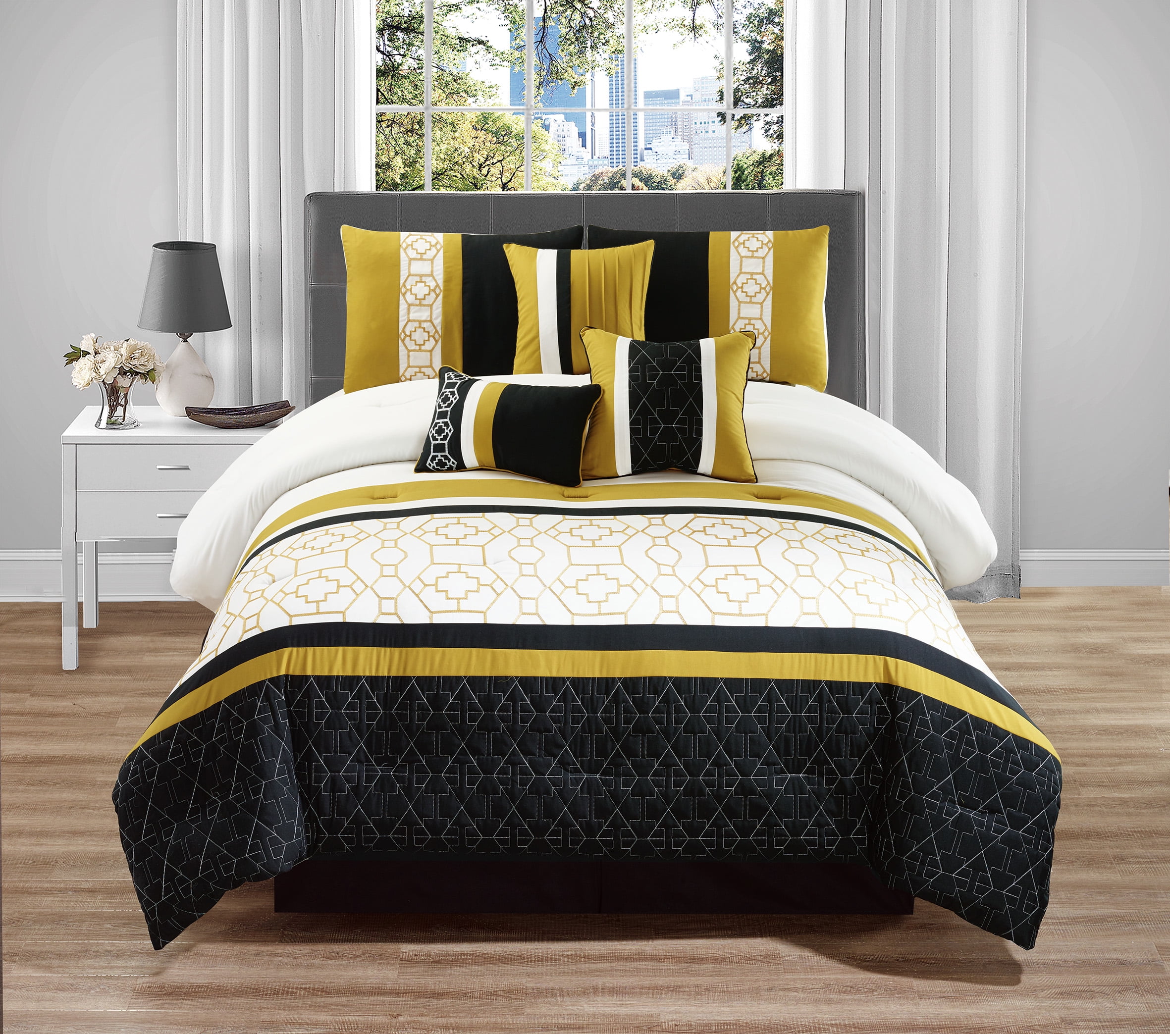 Wpm 7 Pieces Complete Bedding Ensemble Beige Yellow Black Luxury Embroidery Comforter Set Bed In A Bag Queen Or King Size Bedding Kate King Walmart Com Walmart Com