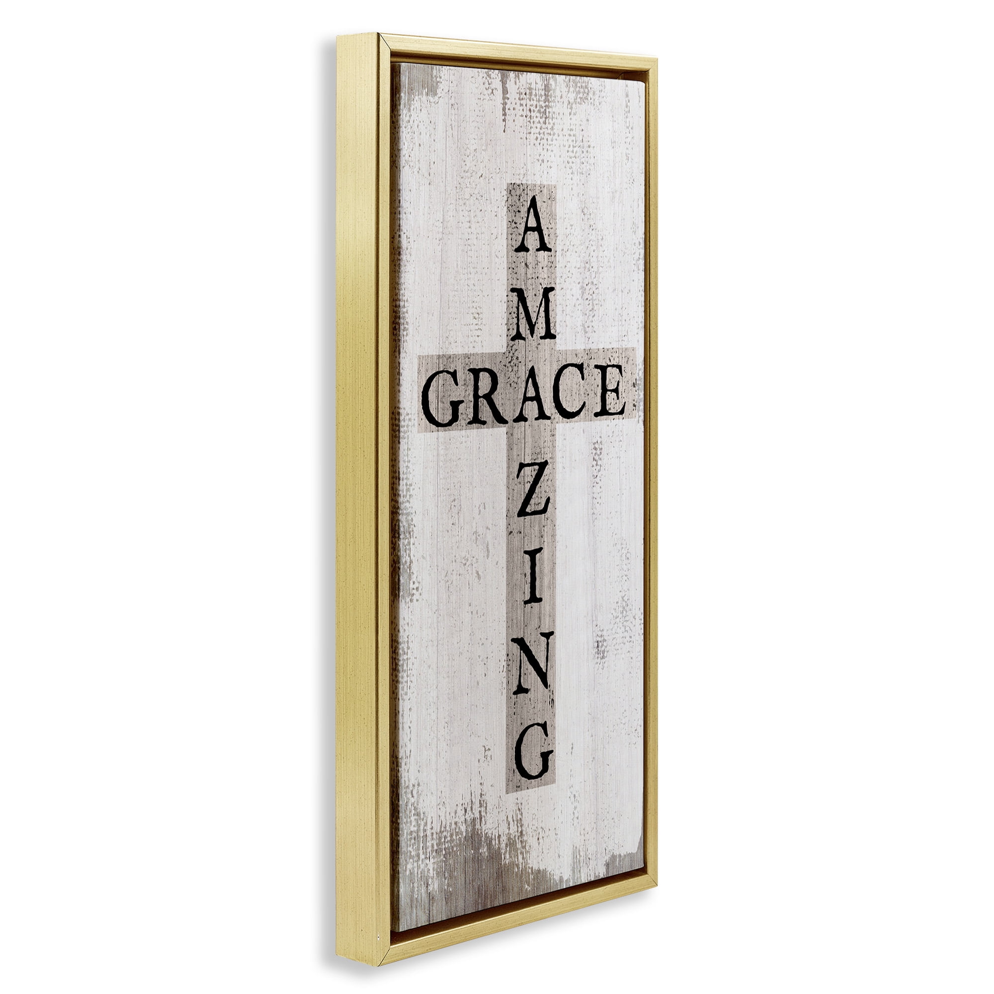 Stupell Industries Amazing Grace Rustic Cross Typography Painting Gold Floater Framed Canvas Art Print Wall Art, 11 x 25