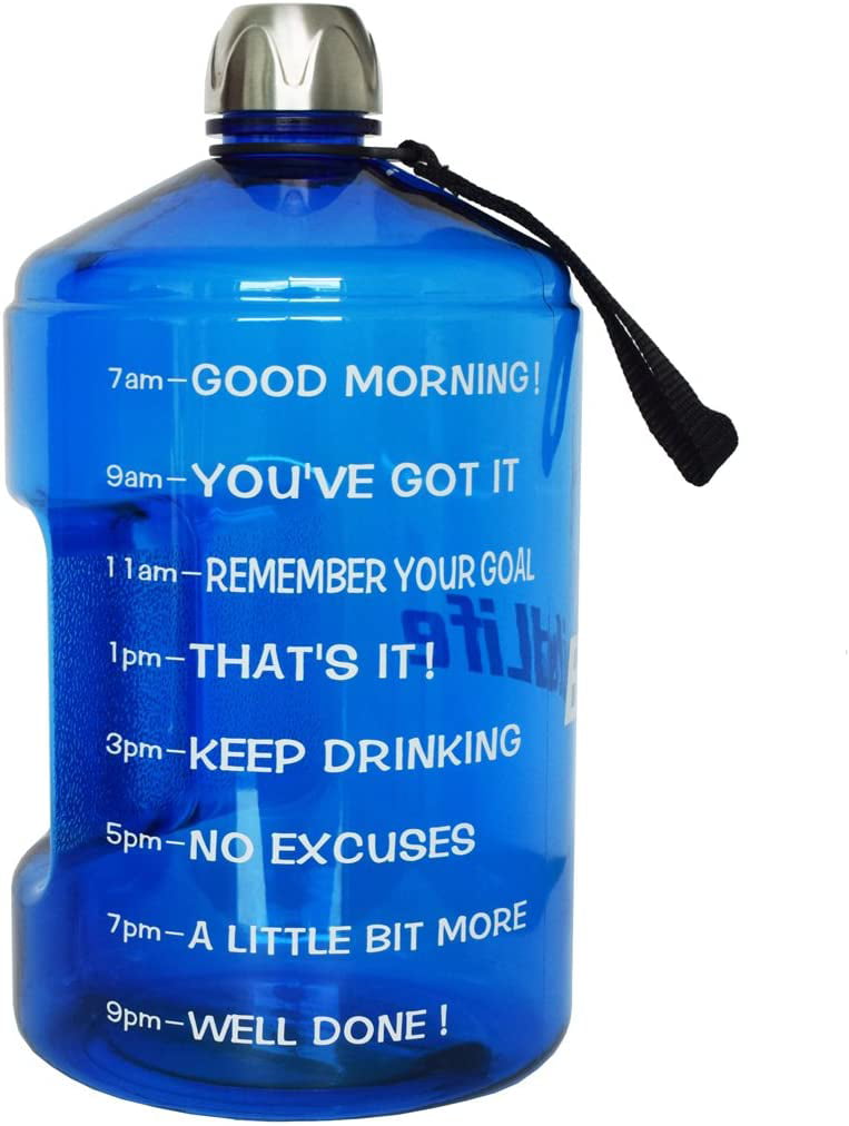 Outdoors and Camping Gym BuildLife Gallon Water Bottle with Fruit Net & Time Marker-Tracker Helps You Drink More Daily-Leakproof Lid for Running 128OZ/64OZ 